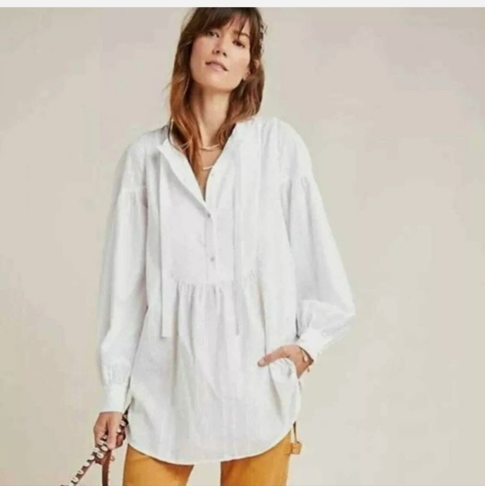 Maeve for Anthropologie White Vivaldi Textured Oversized Tie Neck Blouse US 6